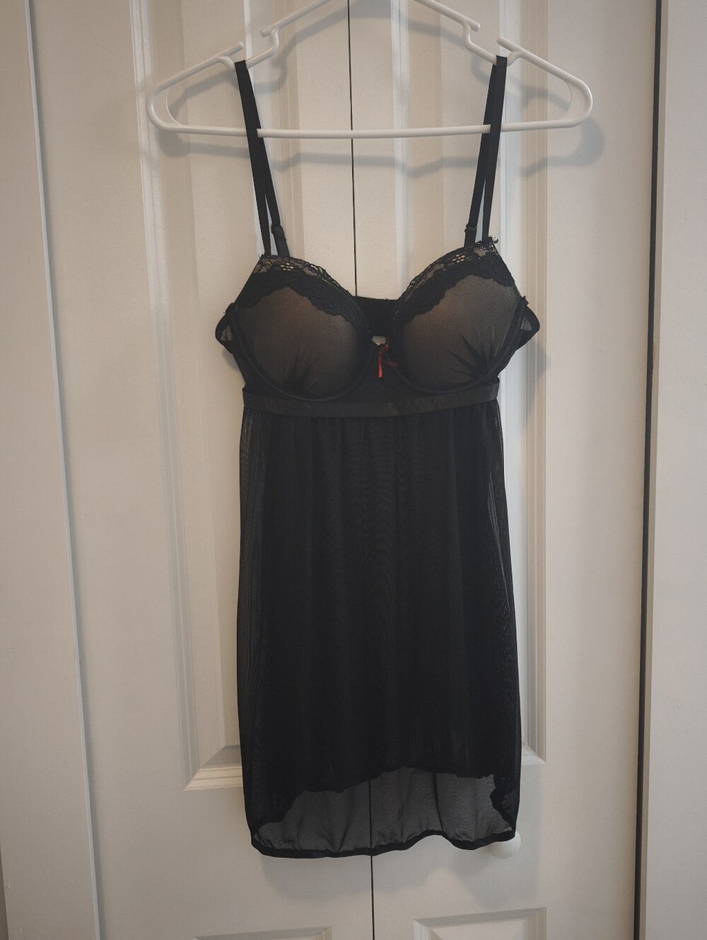 Amazon Black Mesh Lace Trim Chemise with Red Bow Accent